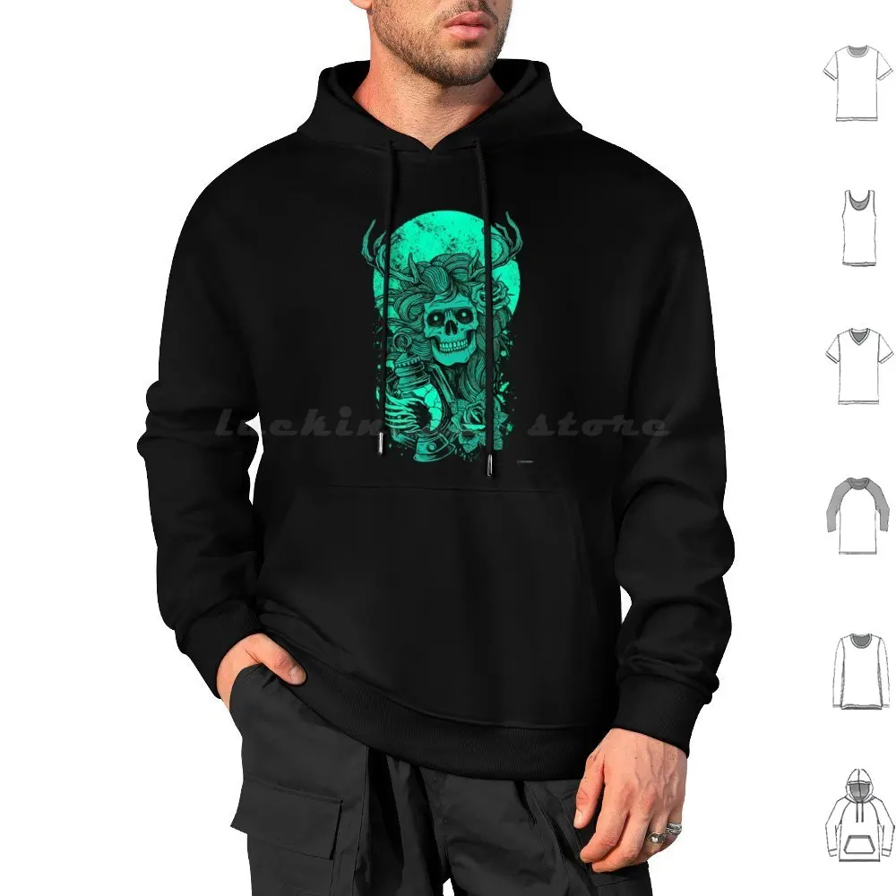 Green Skull Hoodie cotton Long Sleeve Skull Day Of The Dead Mexican Skeleton Flowers Dead Tattoo Bones Gothic Black