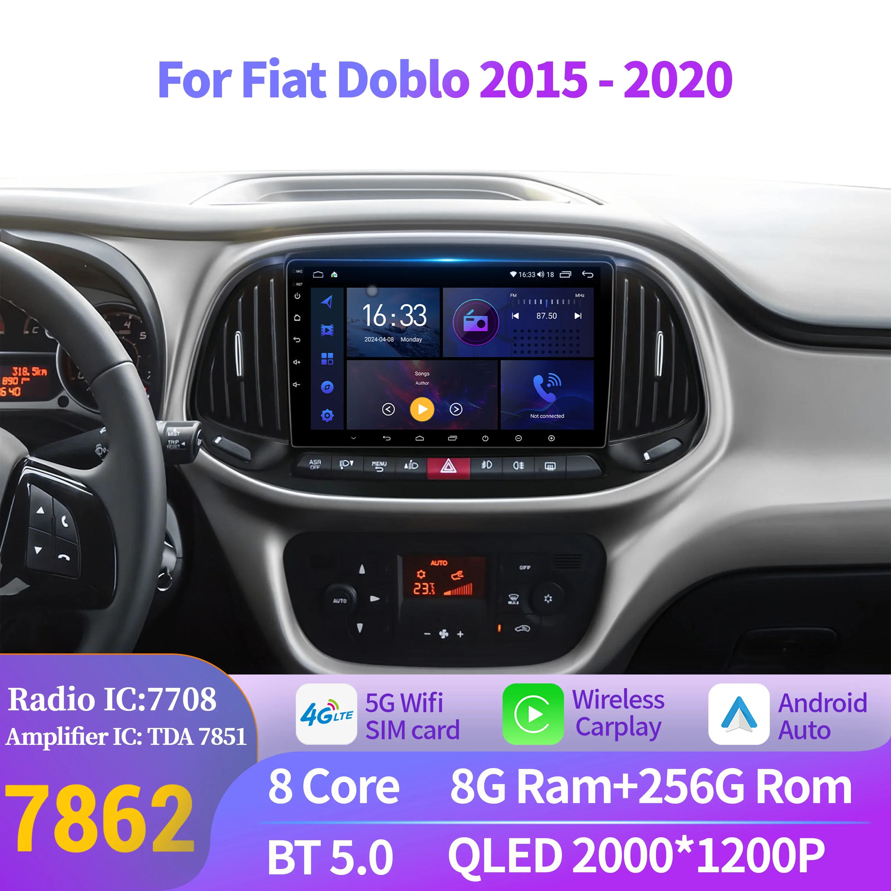 

Android For Fiat Doblo 2015-2020 Car Radio Automotivo Multimedia Stereo Player Wireless BT Carplay Bluetooth 2K QLED Screen