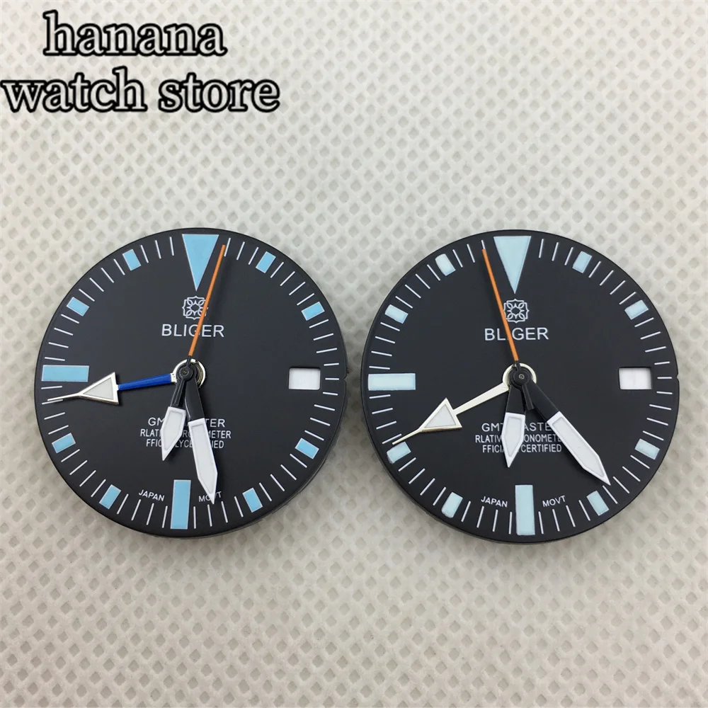 Bliger 29มม. หน้าปัดสีส้ม, หน้าปัดสีฟ้า GMT สีเขียวเรืองแสงเหมาะสำหรับ NH34เคลื่อนไหวหน้าต่างวันที่อัตโนมัติ