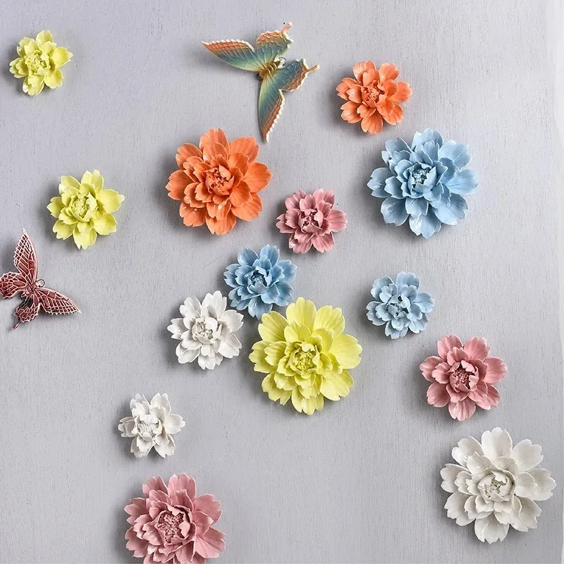 Modern 3D Stereo Wall Ceramic Flowers Crafts Decoration Creative Simulation Flower Wall Sticker Home Wall Hanging Mural Ornament