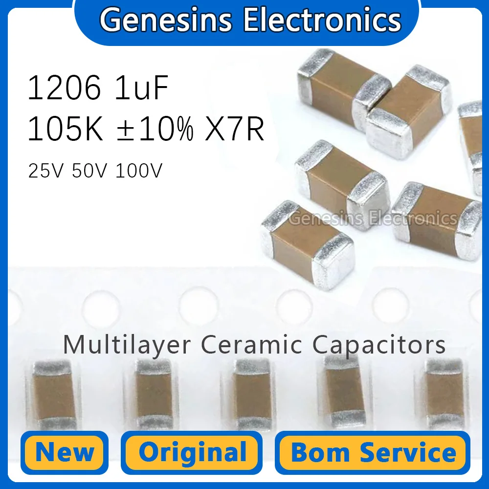 50 pcs 1206 1uF 105K 25V 50V 100V 10% X7R 3216 SMD ceramic capacitors