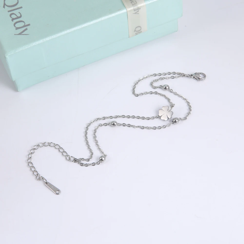 Kkjoy Edelstahl Fußkette für Damen und Herren, silberfarben, vierblättriges Kleeblatt, Fußkettchen, einfache Perlen, Modeschmuck, Accessoires, Neu – Detail 9