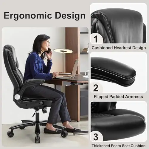 

Ergonomic Executive Office Chair For Big And Tall Users With Flip-Up Padded Arms PU Leather Seat And Adjustable Lumbar Support