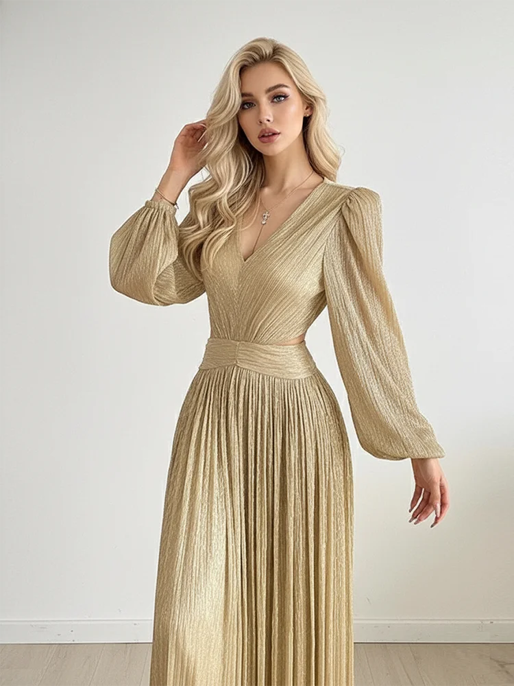 REDDACHiC Ren Fair Gold Glitter Party Dress V-Neck Lantern Sleeve Cut Out Waist Maxi Long Ball Gown Retro Victorian Costume