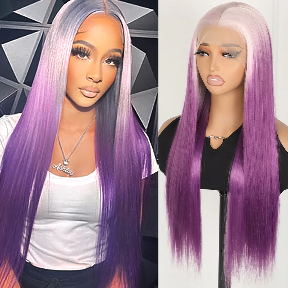 

13x4 Ombre Purple Color Synthetic Lace Front Wigs Pre Plucked Natural Hairline White Roots Heat Resistant Fiber for Women Party