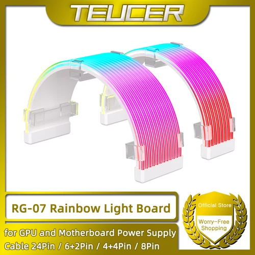 TEUCER AG-07 RGB Rainbow PC direccionable 5V 3 pines ARGB DIY tablero de luz para placa base GPU CPU 24 pines y 8 pines Cables de alimentación