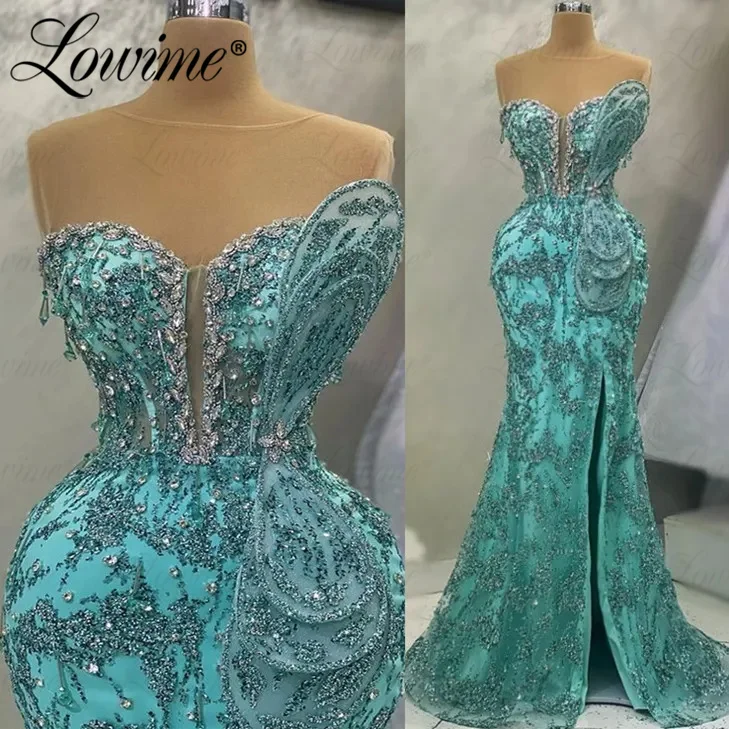 Lowime 2023 Newest Mermaid Sheer Neckline Formal Evening Dresses Crystals Side Slit Wedding Party Gowns Robes Arabic Prom Dress