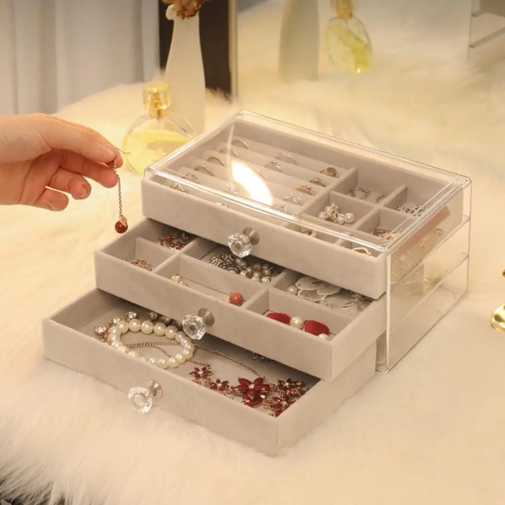 3-Tier Jewelry Box Organizer with Earring Holder Necklace Tray Velvet Lining Clear Acrylic Jewelry Storage Box