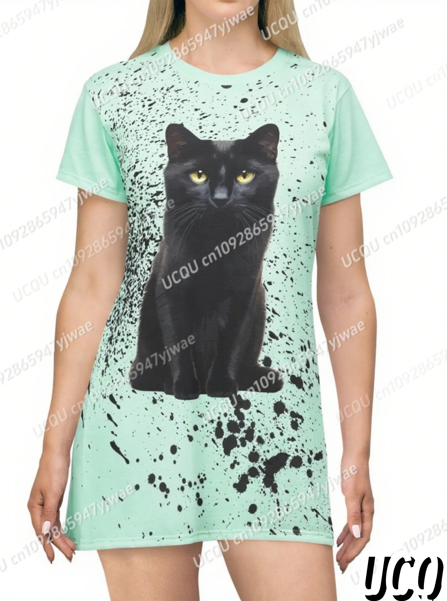 2025 Donne di Estate T-Shirt Vestito Allentato Casual Gatto Nero Stampa Stampato O-Collo Della Signora Manica Corta Pullover Abiti Abbigliamento Donna
