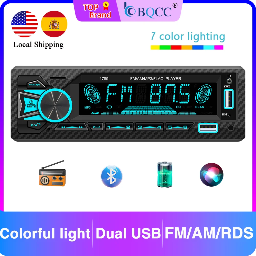 

BQCC 1Din MP3 Car Radio 7 color lights Smart BT AUX USB AI Voice FM AM RDS car Stereo Power protection APP Control Fast charging