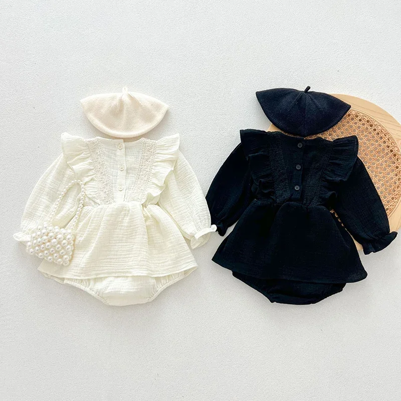 2024 New Autumn Korean Style Climbing Suit Long Sleeved Cotton Solid Color Newborn Baby Girls Bodysuits Baby Girls Clothing