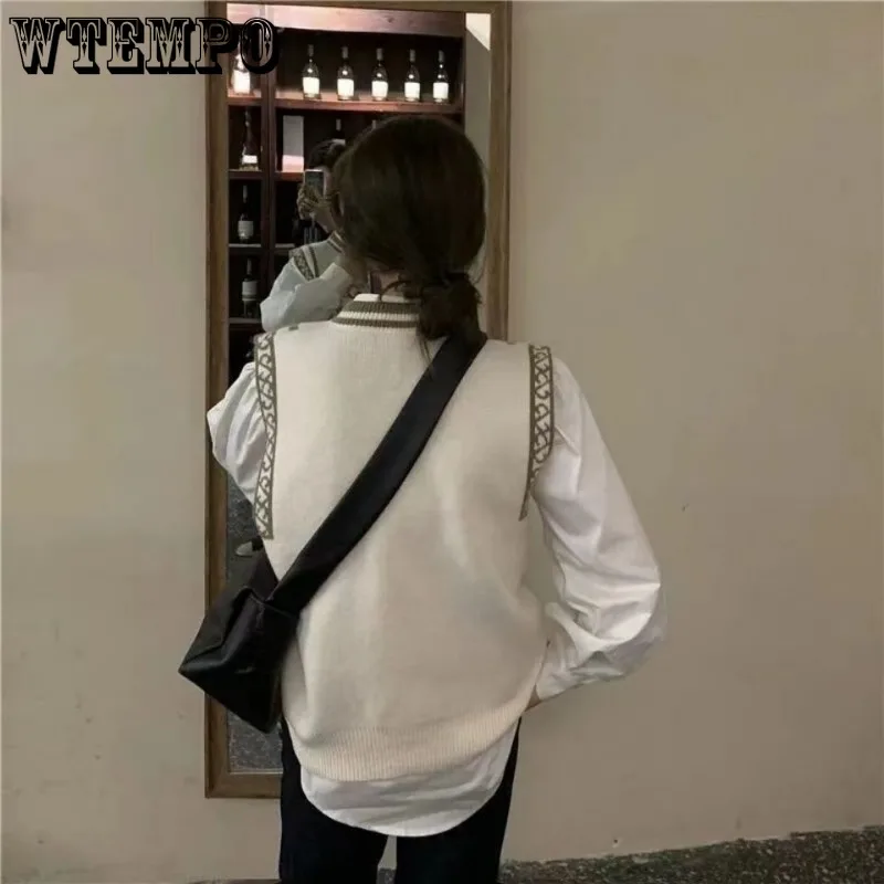 WTEMPO Women Vintage Totem Flower Pattern Sleeveless Knitted Vest Sweater Female Retro National Style Casual Autumn WaistCoat