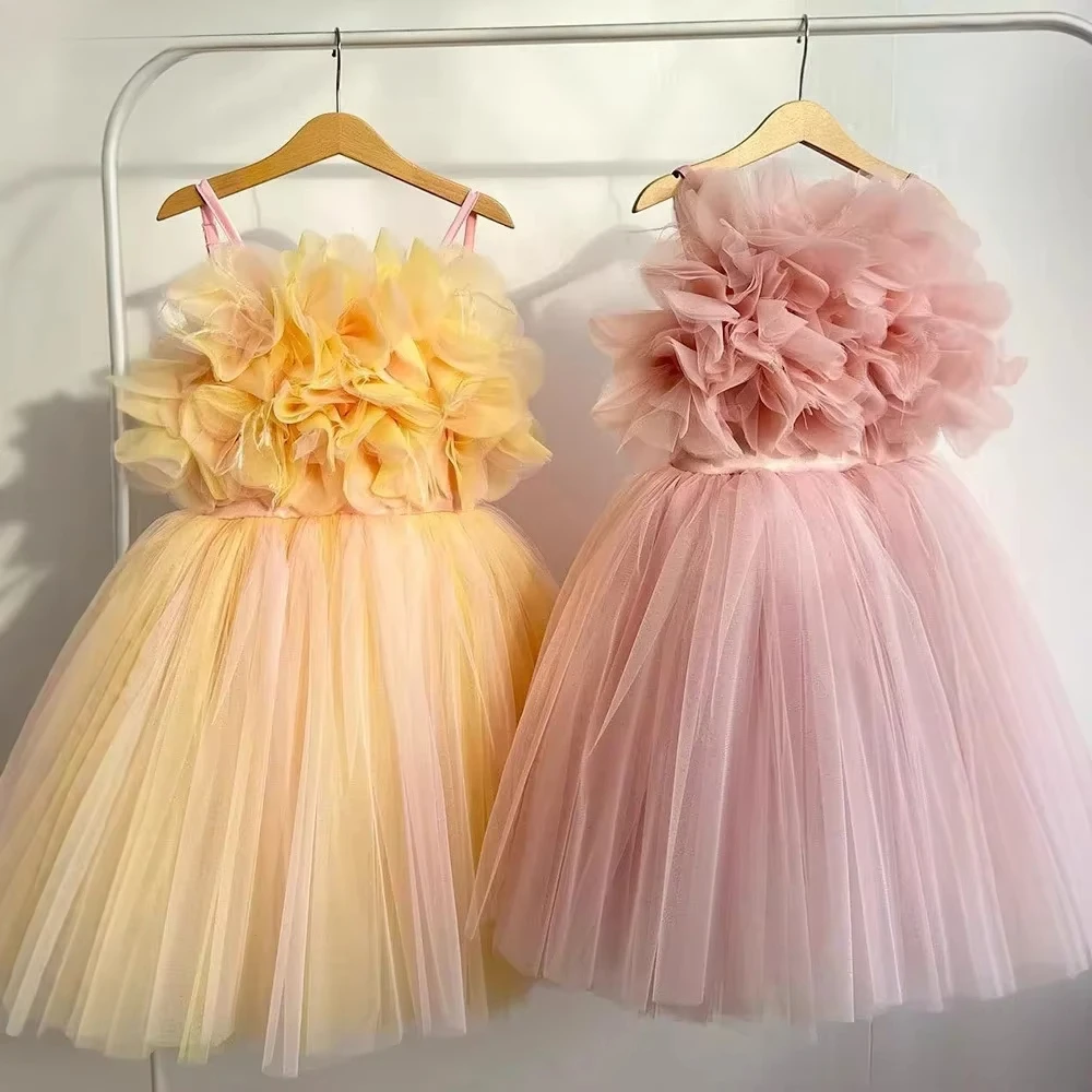 

2025 Children's Flower Girl Dress Wedding Princess Blue Strap Tulle Tutu Skirt Purple Spaghetti Dresses for Little Girls Pink