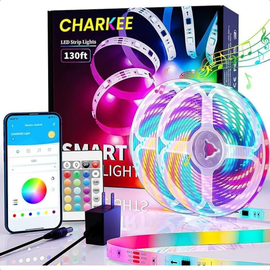 

130ft LED Strips Lights 65.6ft*2 Full Color Sync Music Dimmable and Color Changing RGB LED Strip Lights 24 Volt Bluetooth Flexi
