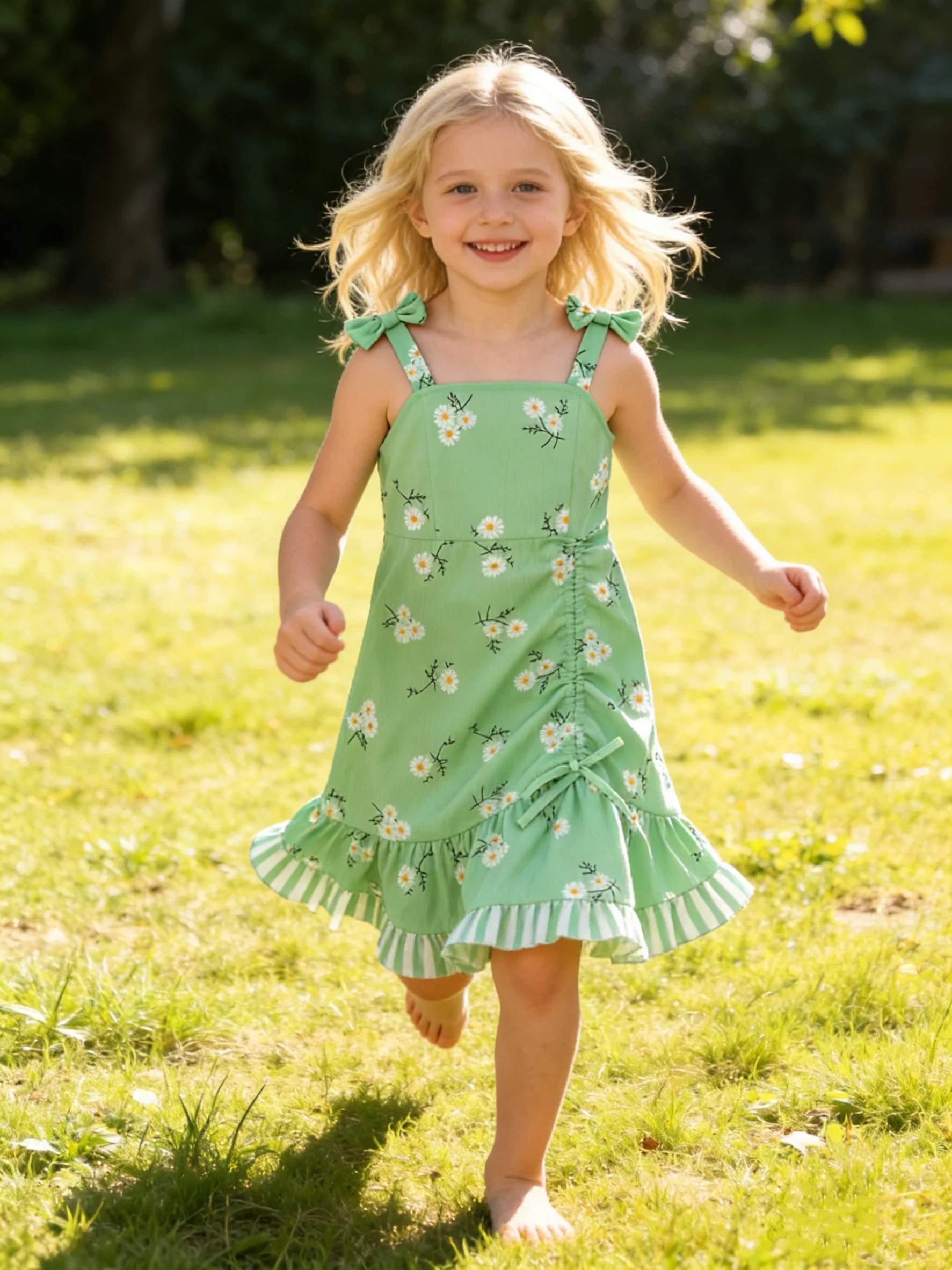Summer New Green Daisy Print Girls Dress Baby Fresh Floral Drawstring Tail Skirt Cute Children's Clothing