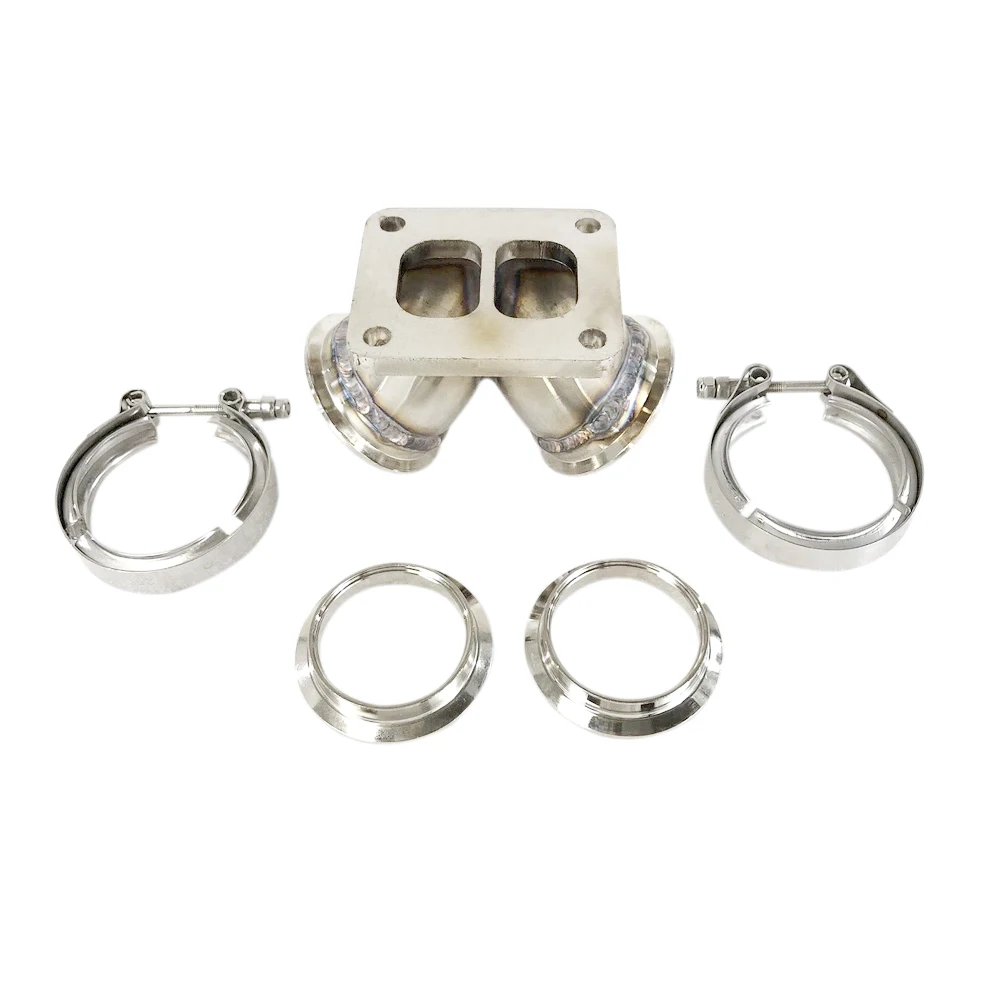 

Turbo Charger Flange Y Elbow Conversion T4 4-Bolt to Twin 2.5" V-Band, Stainless Steel