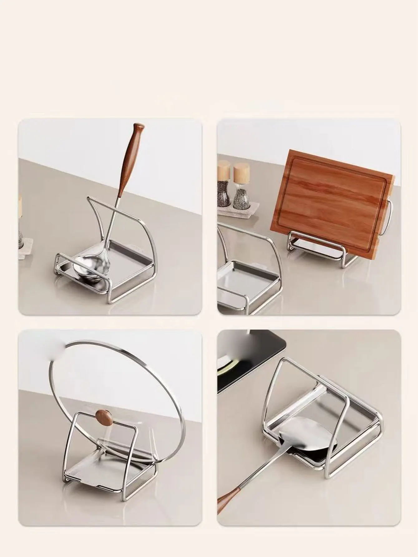 Stainless Steel Thickened Pot Lid Rack Kitchen Countertop Multifunctional Kitchen Storage Rack Spoon Holder Storage Rack with Draining Tray 1Pc