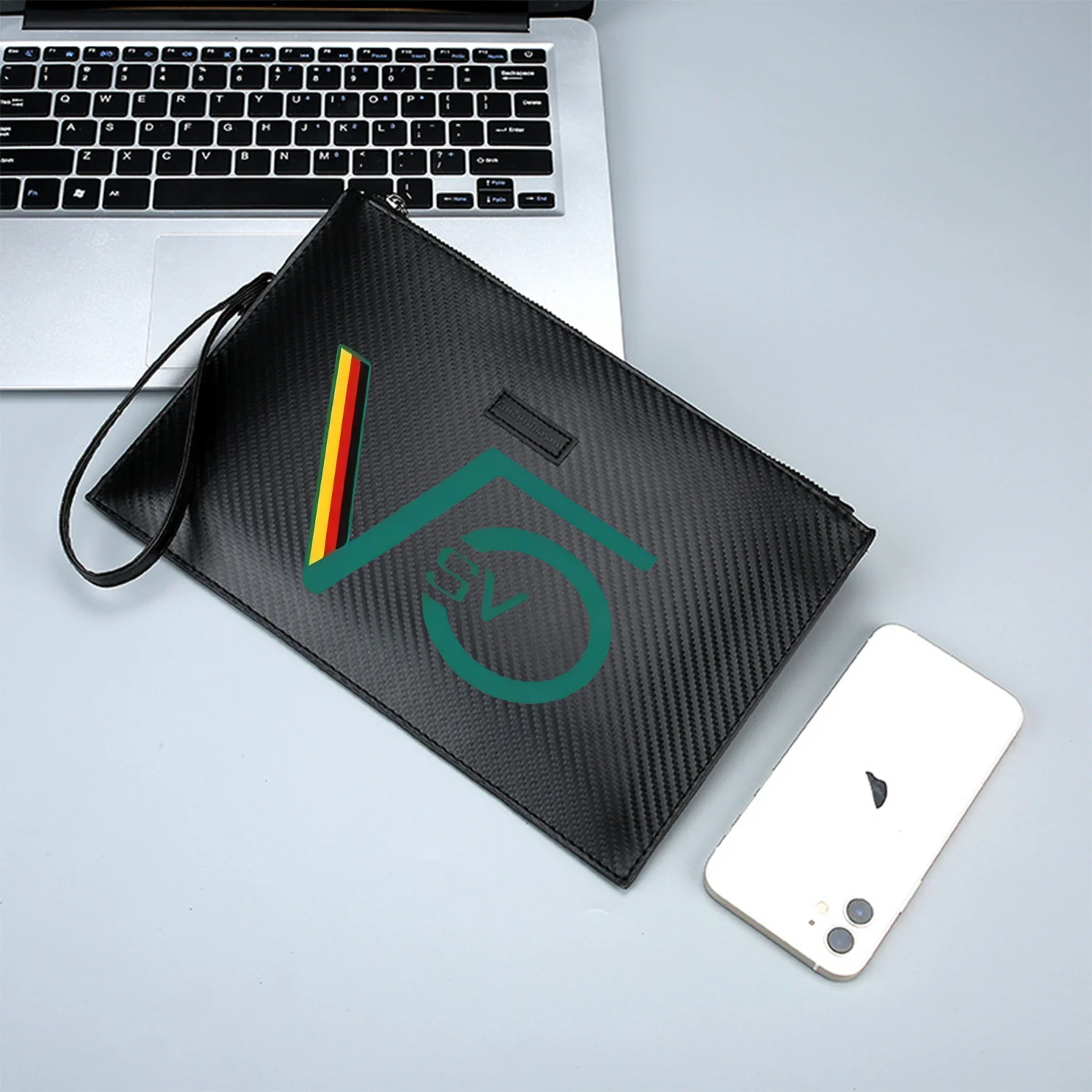 Green V letter design,circle,SV text Elegant Printed PU Men's Handbag Fashionable and Practical for Everyday Carry