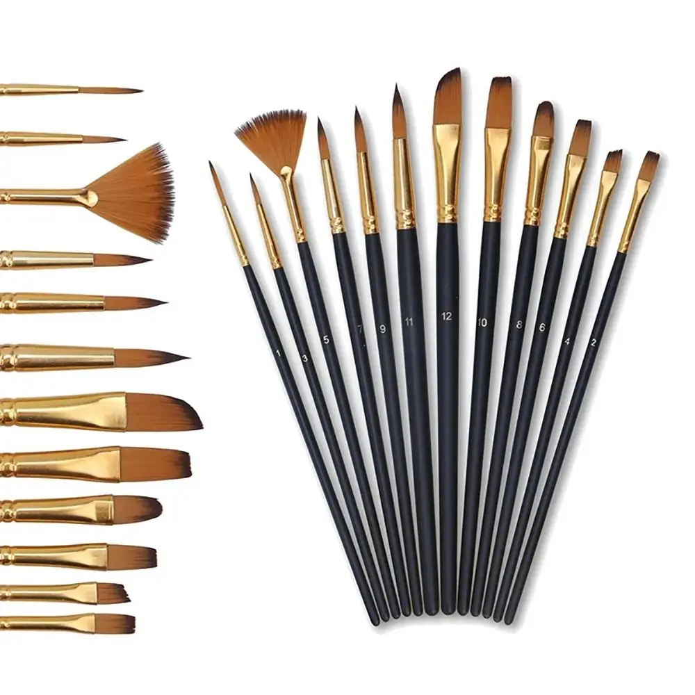 12Pcs/Set Nylon Hair Painting Brush Set Multi-functional Watercolor Gouache Oil Painting Brush Acrylic Materials Short Wood Rod