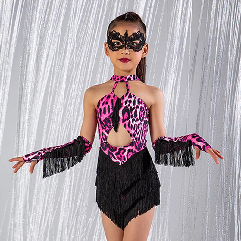 New Girls Latin Dance Clothes Pink Leopard Fringe Dress Performance Suit Kids Cha Cha Rumba Samba Dance Dress Costume DNV17619