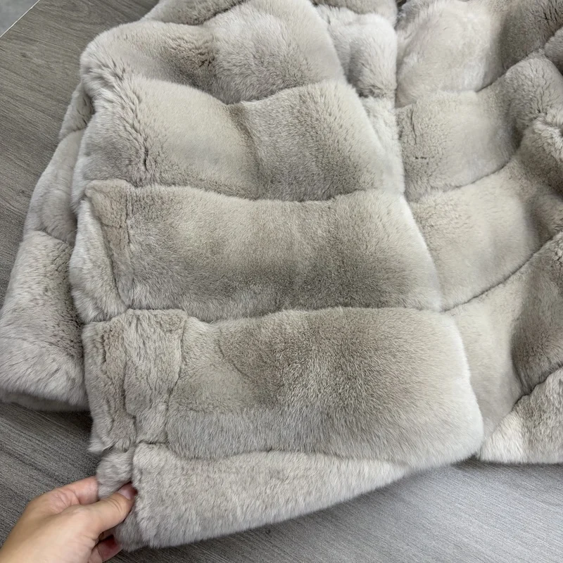New High Quality Real Natural Rex Rabbit Fur Coat for Women Long Sleeves Luxury Fur Coat Thick Warm Outerwear Female Jackets