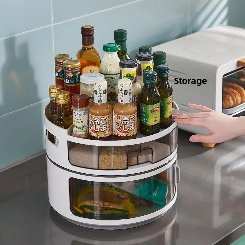 Kitchen Multi-Function Seasoning Rack Rotating Storage Shelf for Soy Sauce Bottle Home Use Utility Product Nordic Style Plastic