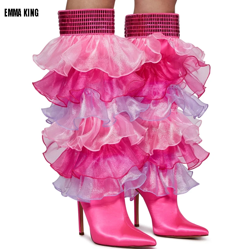 

Pink Tulle Knee High Boots Women Hot Trends Mesh Wings Pointy High Heels Shoes Sexy Ladies Stylish Casual Party Boot 44