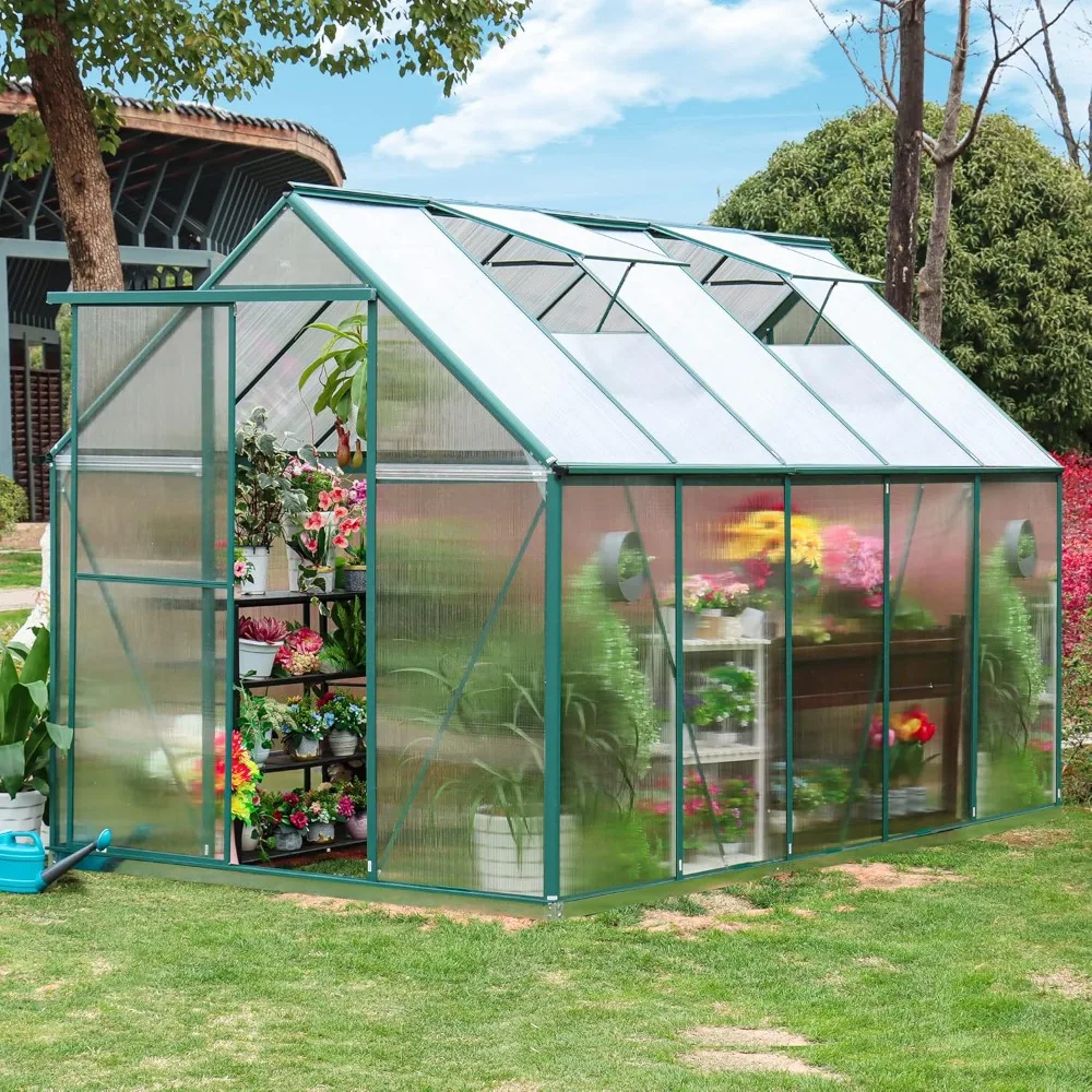 

6.2 X 10.2 FT Greenhouses,Polycarbonate,w/Sliding Door and Vent Window,Rain Gutter,Raised Base & Anchor,Walk-in Plant Greenhouse