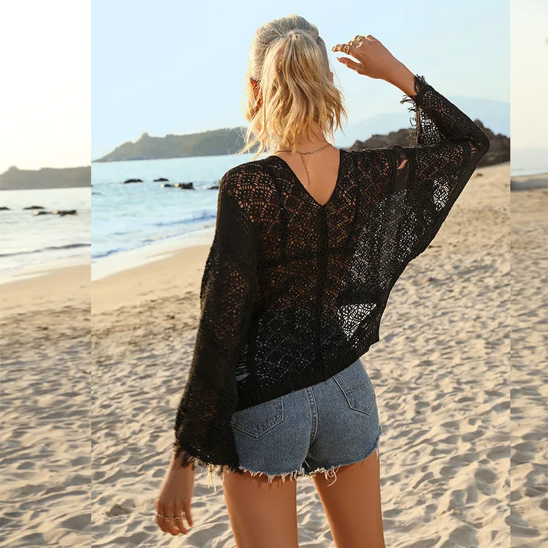 Top da donna per le vacanze al mare Camicia da donna Scava fuori maglia con coulisse Manica svasata Pullover da donna Hohemian Tropical Top resistente al sole