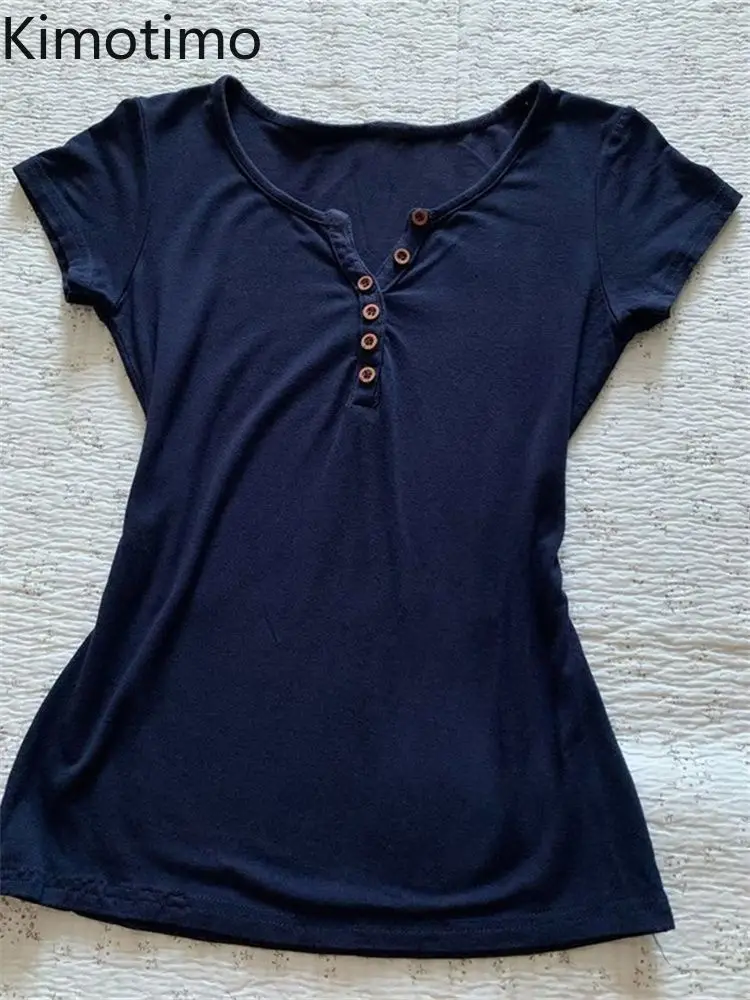 Kimotimo T-shirt Women American Retro Crew Neck Button Short Sleeve Slim Fit Tee Summer Y2k Aesthetic Casual Spicy Girl Crop Top