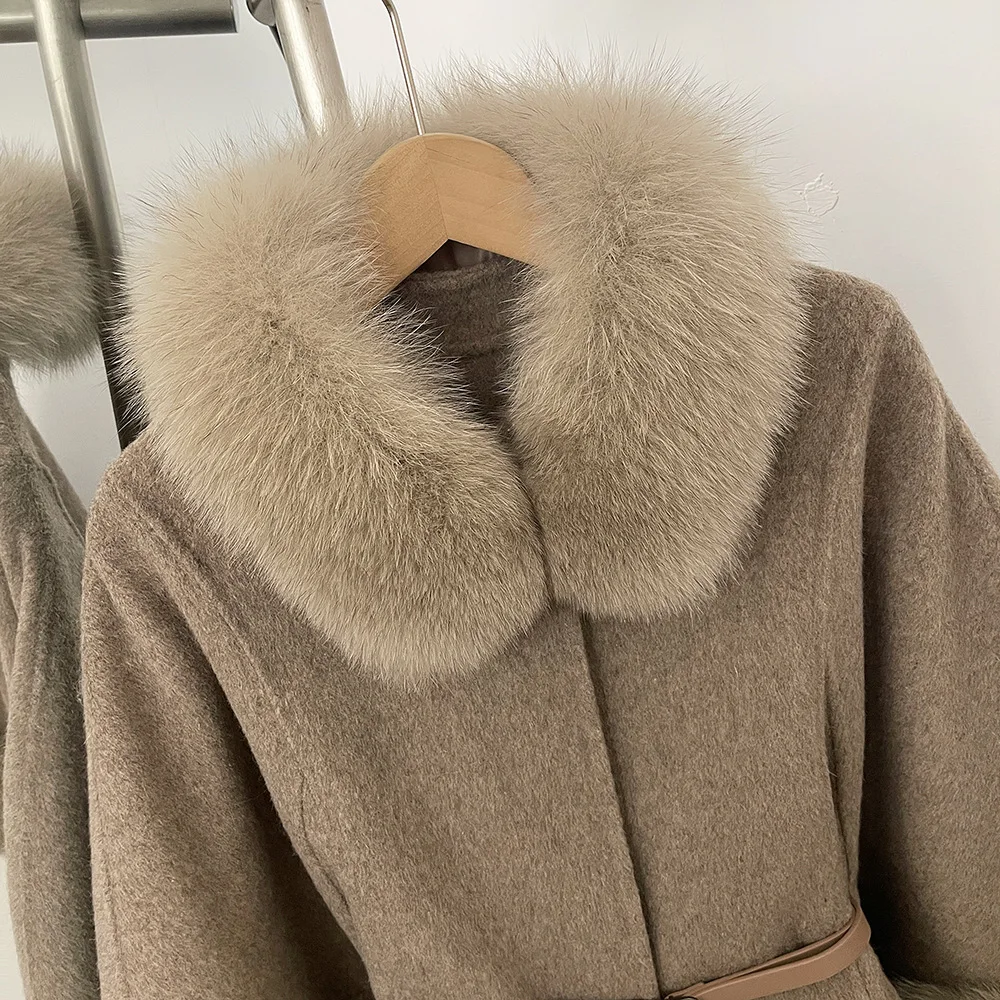 معطف صوف أسترالي 90% على الوجهين عباءة للنساء بياقة من فرو الثعلب الطبيعي وحزام للسيدات متوسط الطول ملابس خارجية من الصوف الدافئ #4