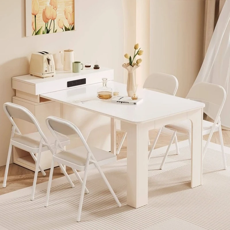

Cream modern dining table Extendable multi-functional with 4 chairs Folding table rectangle wood mesa comedor Kitchen furniture