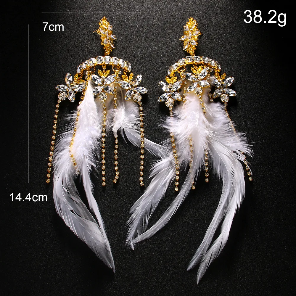 Fashion White Feather Exaggerate Earrings Tassel Wedding for Women Boho Jewelry Sparkly Large Rhinestone Earrings Free Shipping