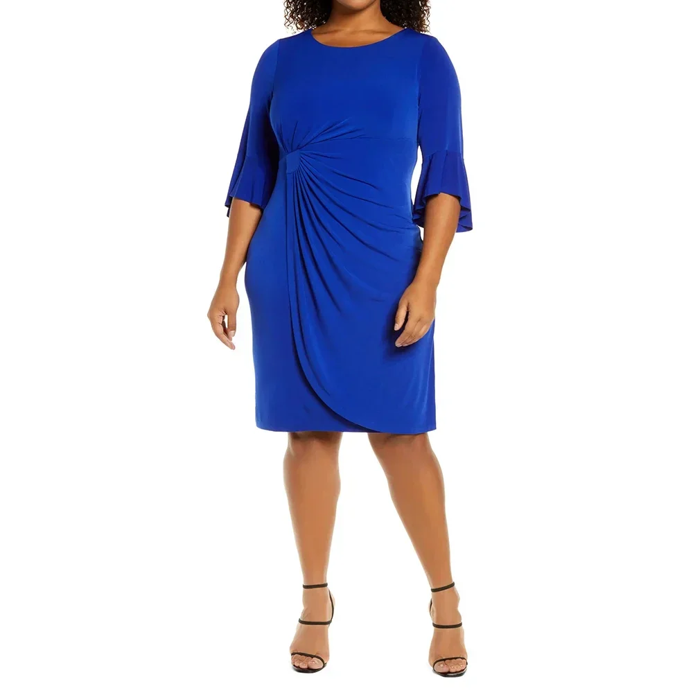 

Plus Size Elegant Half Sleeves Dress For Women Solid Round Neck Ruched Faux Wrap Summer 2025 Knee-Length Evening Party Dresses