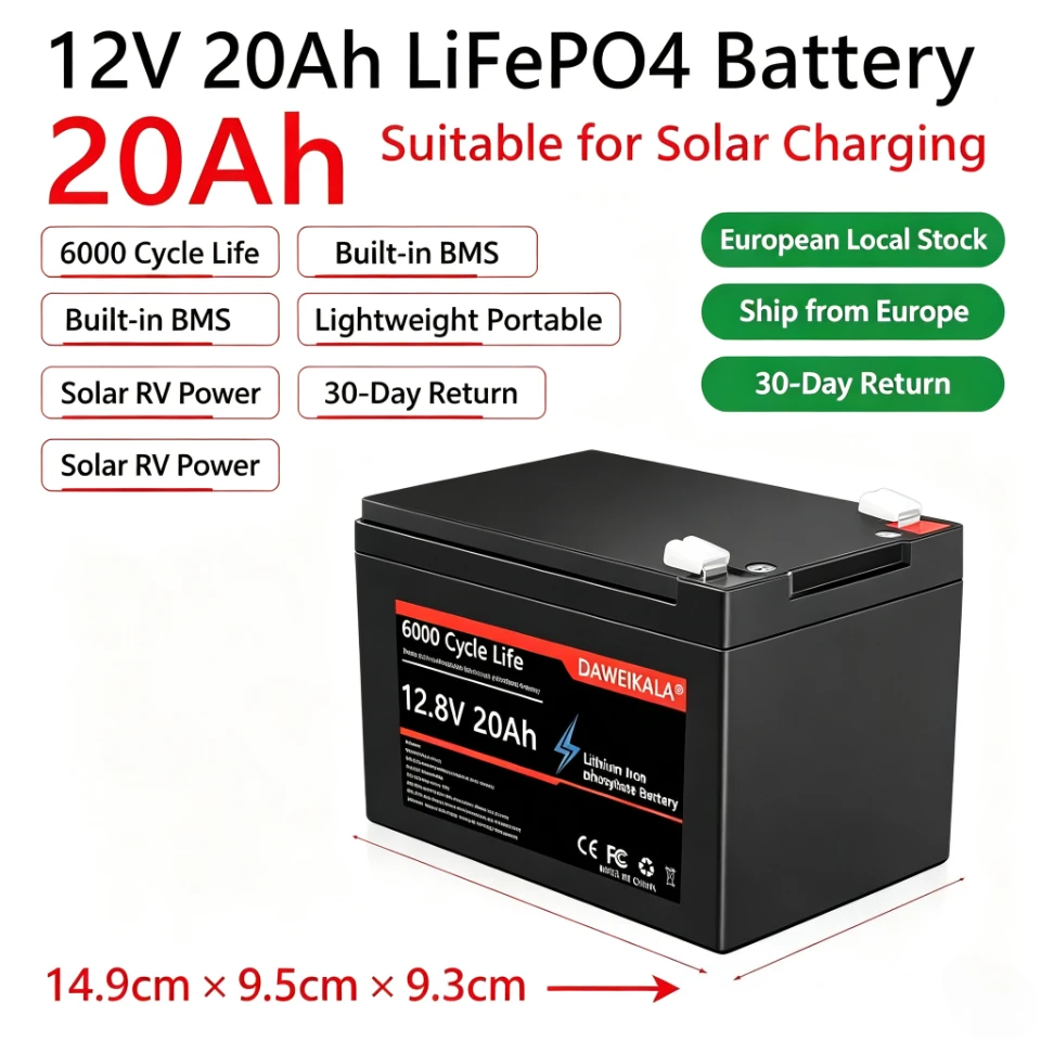 LiFePO4 Tiefzyklus-Akku, 12V 20Ah Lithium-Batterie mit 20A BMS für Solar- und Windenergie, Marine, Fischfinder, Aufsitzspielzeug