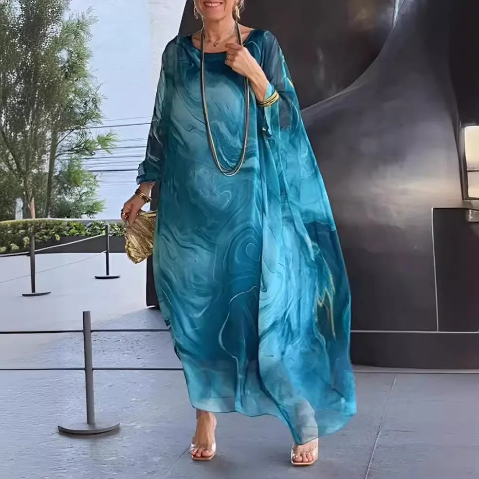 فستان نسائي لربيع وصيف 2025 جديد أنيق للتنقل من الشيفون مطبوع عليه نسيج رخامي وأكمام طويلة فساتين طويلة غير منتظمة