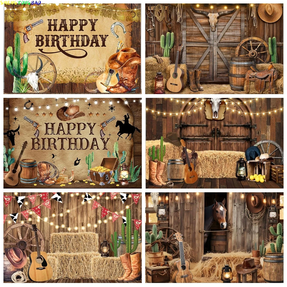 

Western Cowboy Horse Photography Backdrops Rustic Farm Wood Barn Door Kids Birthday Party Decor Indoor Cowgirl Background SX-01