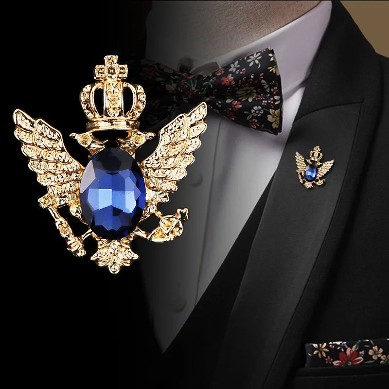 Vintage Angle Wing Double Eagle Badge Men's Retro Suit Coat Rhinestone Brooch Jewelry Luxury Metal Pins and Brooches for Women