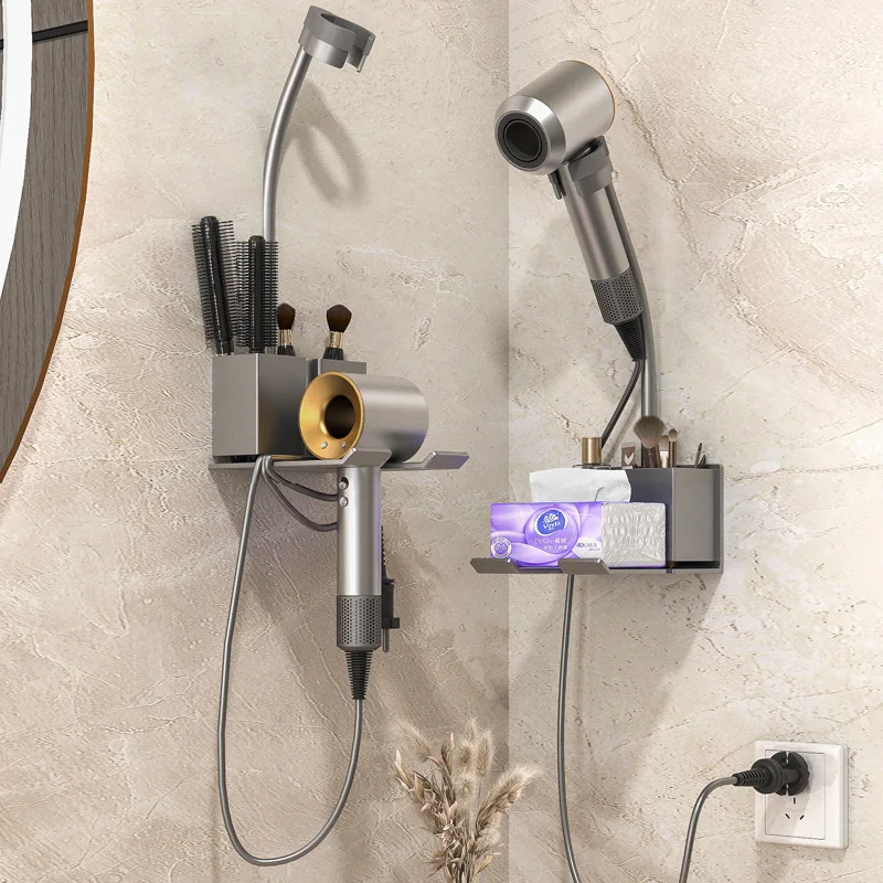 No Drill Hair Dryer Holder Bathroom Wall Mounted Rack Aluminum Alloy Head Abs Options Cm Size Hands Free Styling Storage