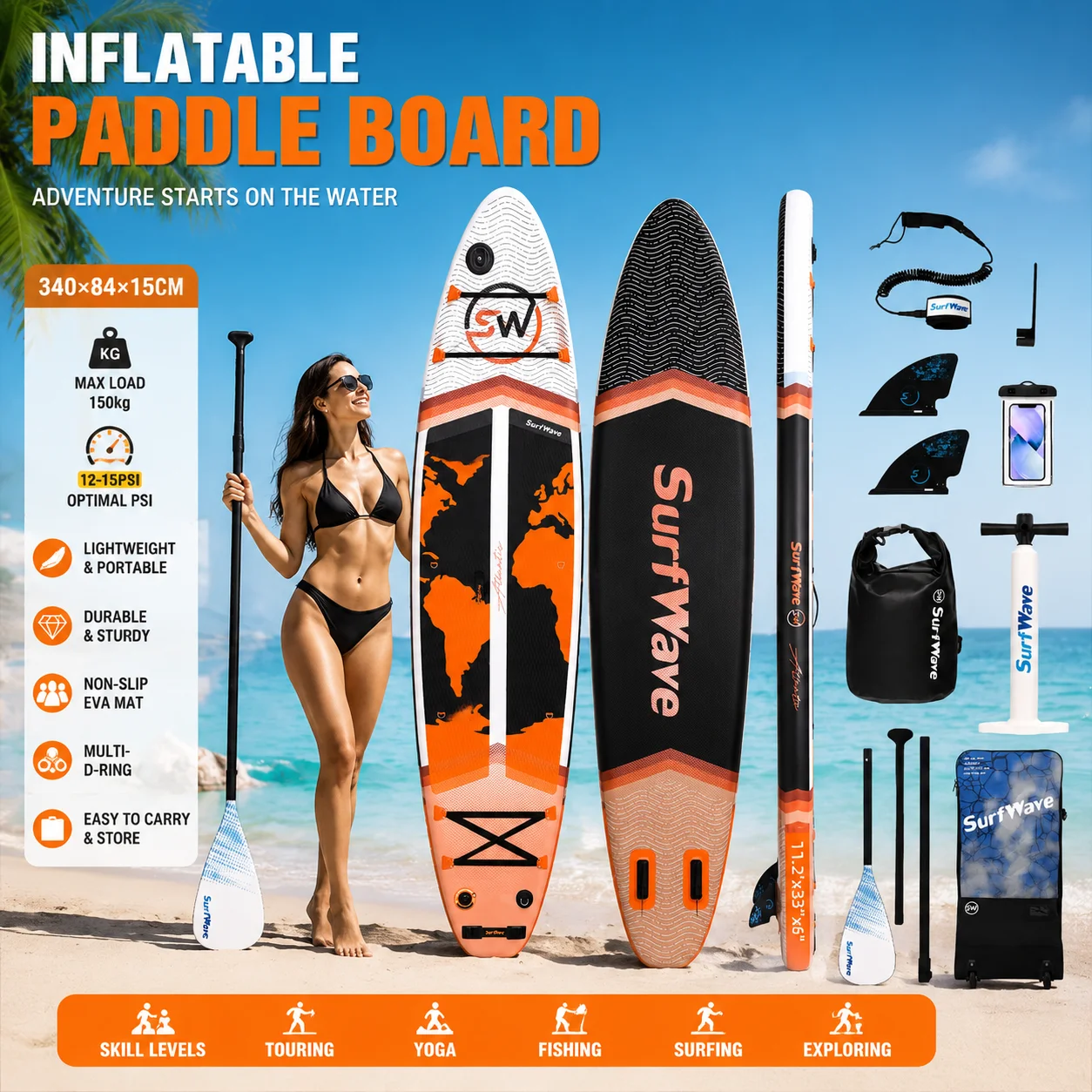 Planche de paddle gonflable Surfwave 340*84*15cm en PVC, avec accessoires complets, tapis antidérapant en EVA, adaptée aux sports nautiques, yoga, pêche, surf, débutants de tous niveaux