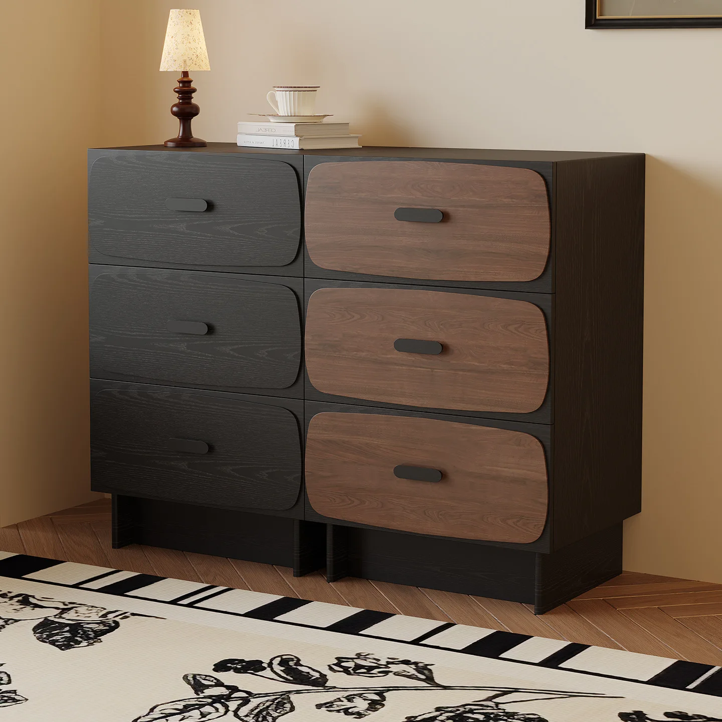 

Button retro style solid wood three-bucket cabinet bedroom bedside cabinet light luxury modern living room wall drawer storage