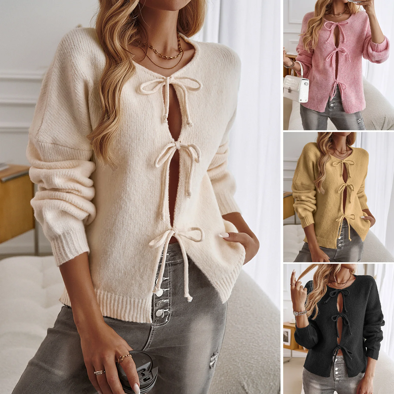 

Cardigan Women Knitting Top Outerwear Sweater Coat Lace Up Round Collar Knitwear Female Spring 2025 Office Lady Knitted Jacket