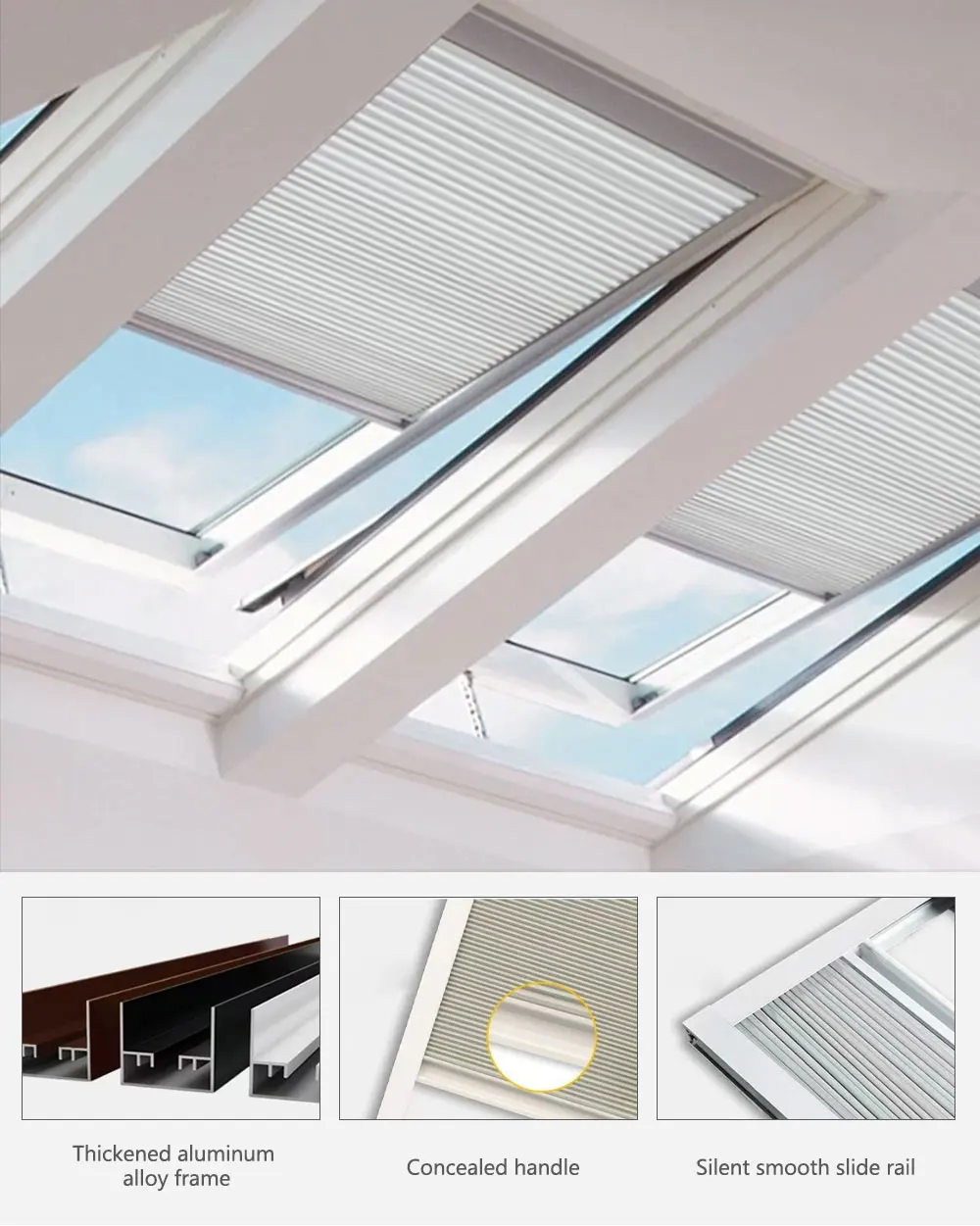 Cellular Skylight Blinds Motorized with Solar Rechargeable, Full Blackout Honeycomb Shade, Control with Tuya App, Custom Width