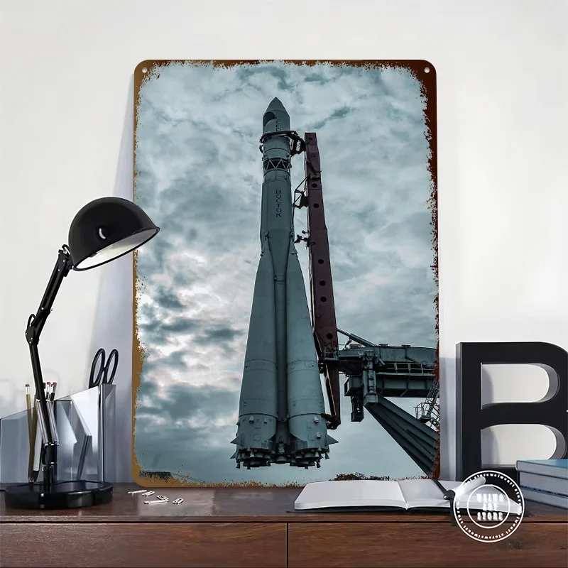 Vostok Rocket on Launch Pad 3D Texture Printed Poster Custom Vintage Metal Tin Plate Sign for Wall Art Luxury Decoration Home