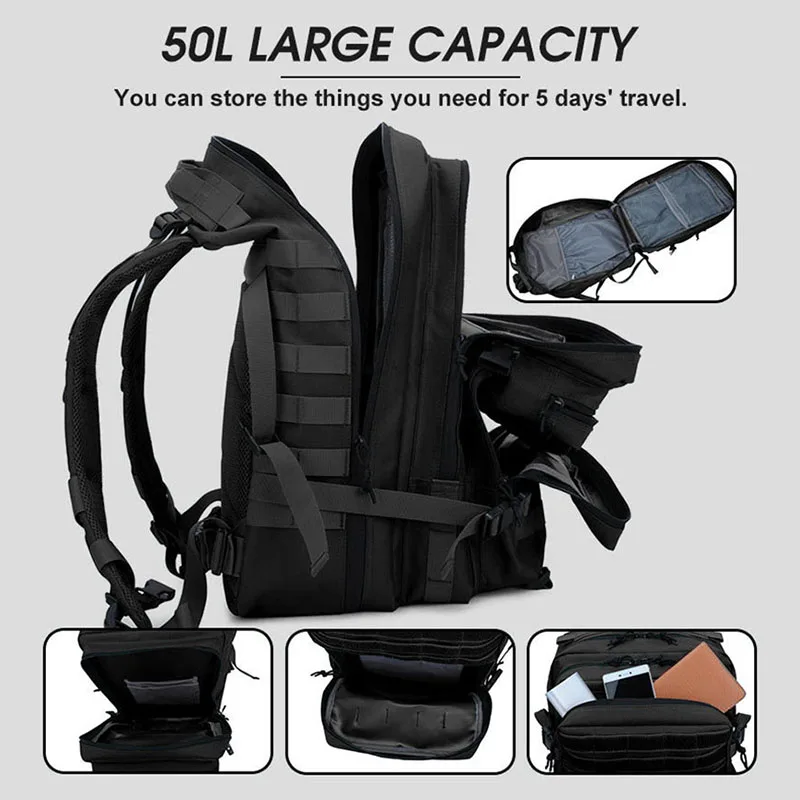 Imagem -04 - Mochila Tática Camuflada para Homens e Mulheres Mochila Esportiva Caça e Trekking Bolsa Militar para Caminhadas Nylon Azul Marinho e Rosa 30l 50l