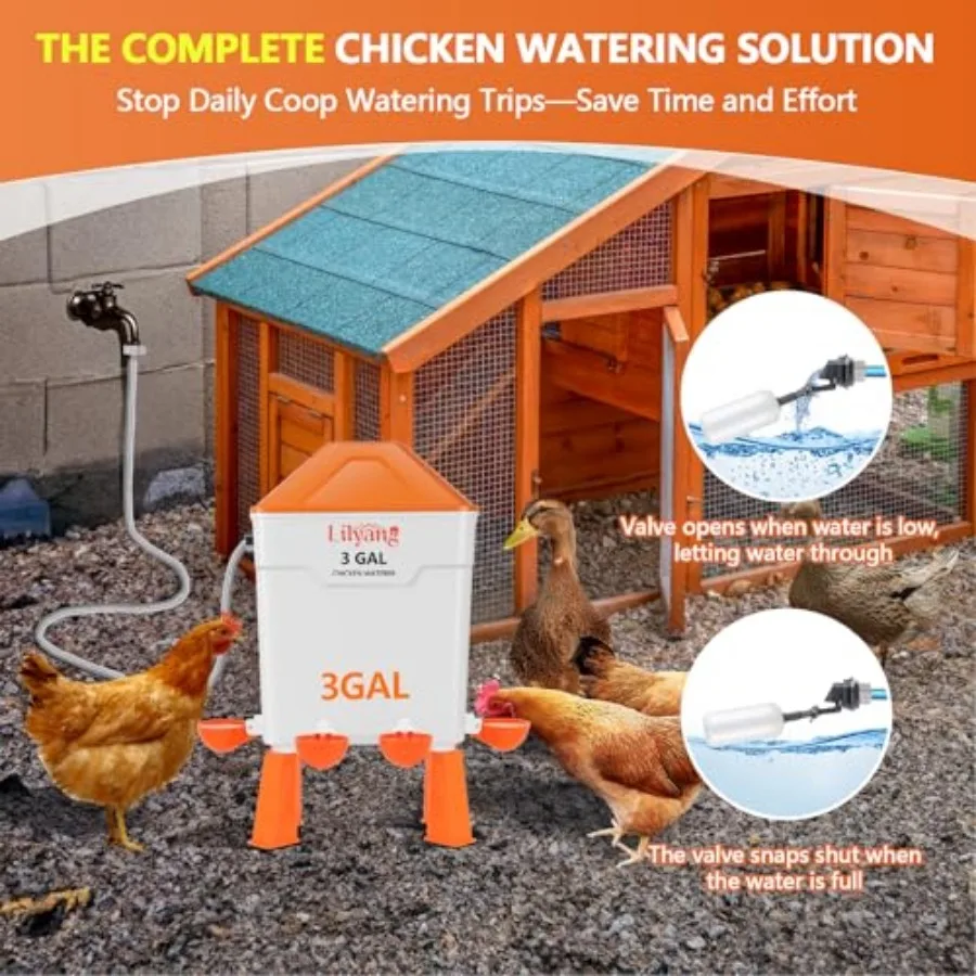 Automatic Chicken Waterer and Feeder 3 Gallon, Auto-Refill Chicken Waterer with Float Valve, Anti-Spill Feeder and Leak-Proof C