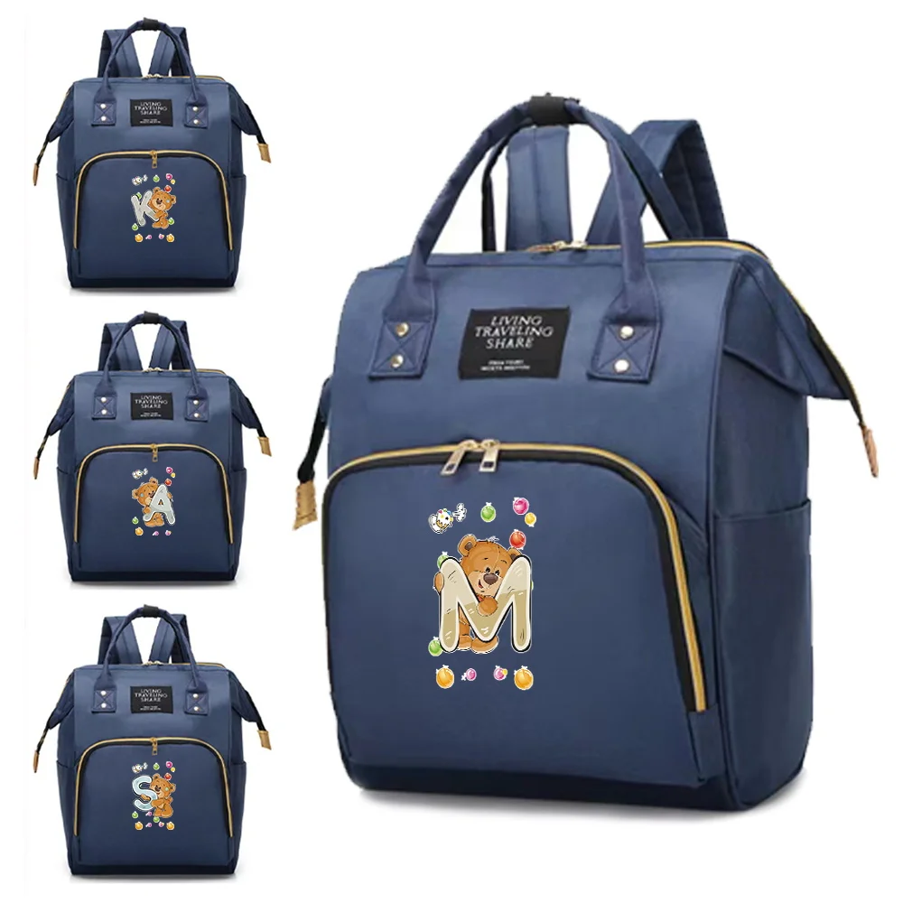 Portable Fashion Mommy Pack Large Capacity with Compartments Zipper Backpack Ladies Casual Bear Letter Series Travel Storage Bag