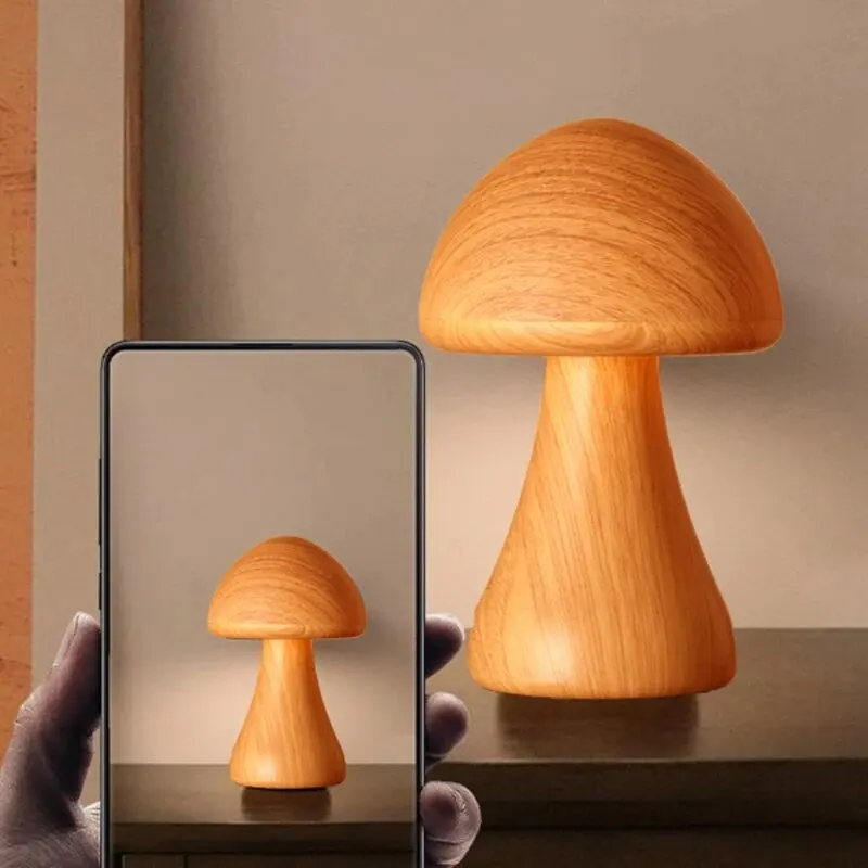 LED Night Light With Touch Switch Wooden Cute Mushroom Bedside Table Lamp For Bedroom Childrens Room Sleeping Night Lamps