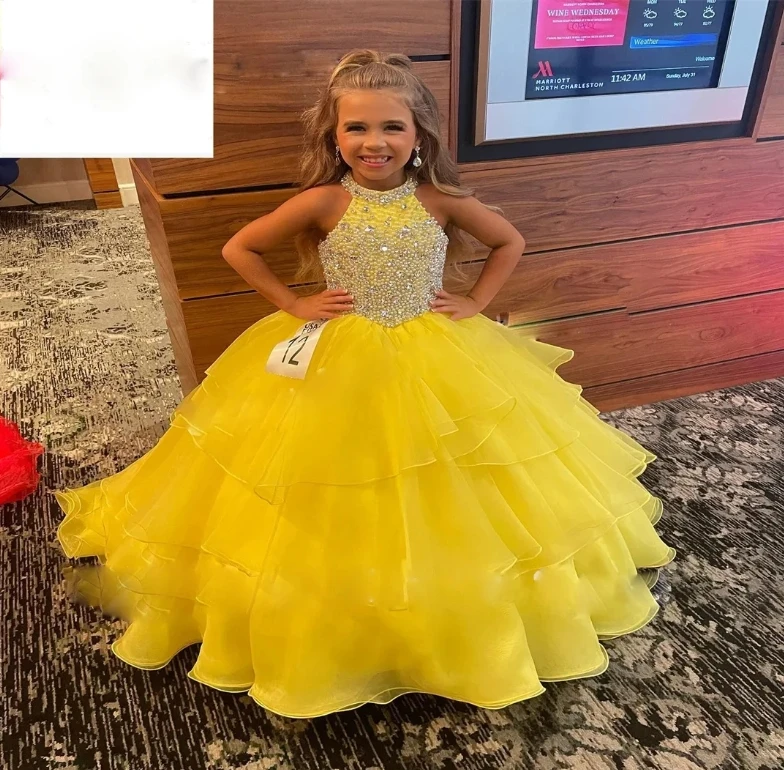 Luxury Yellow Pageant Girl Dress for Party Long Ball Gown Halter Ruffles Tiered Puffy Princess Kids Birthday Prom Dresses Outfit