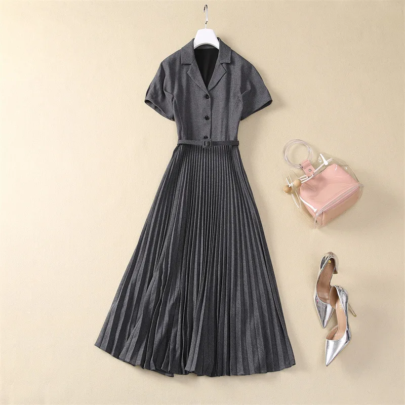 

Europe and the United States women's 2024 summer new Suit collar Short-sleeved belt fashion Pleated dress